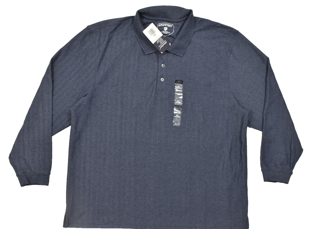Architect Men's XXL Blue Herringbone Textured Long Sleeve Polo Shirt Cotton NWT